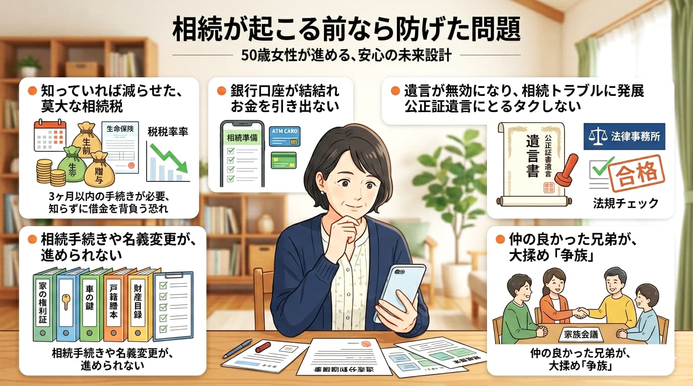 相続の書類の前で悩む女性