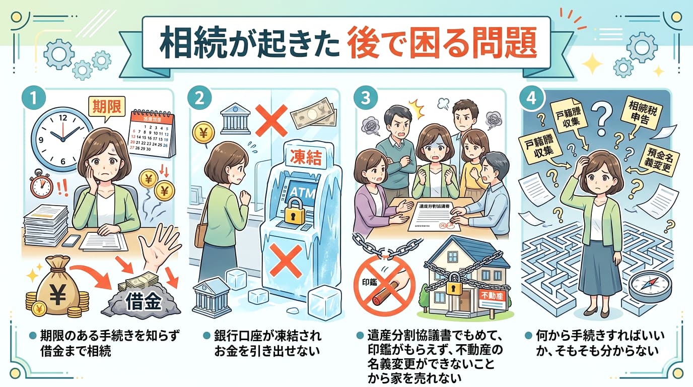 相続の書類の前で悩む女性