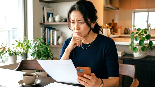 相続の書類の前で悩む女性